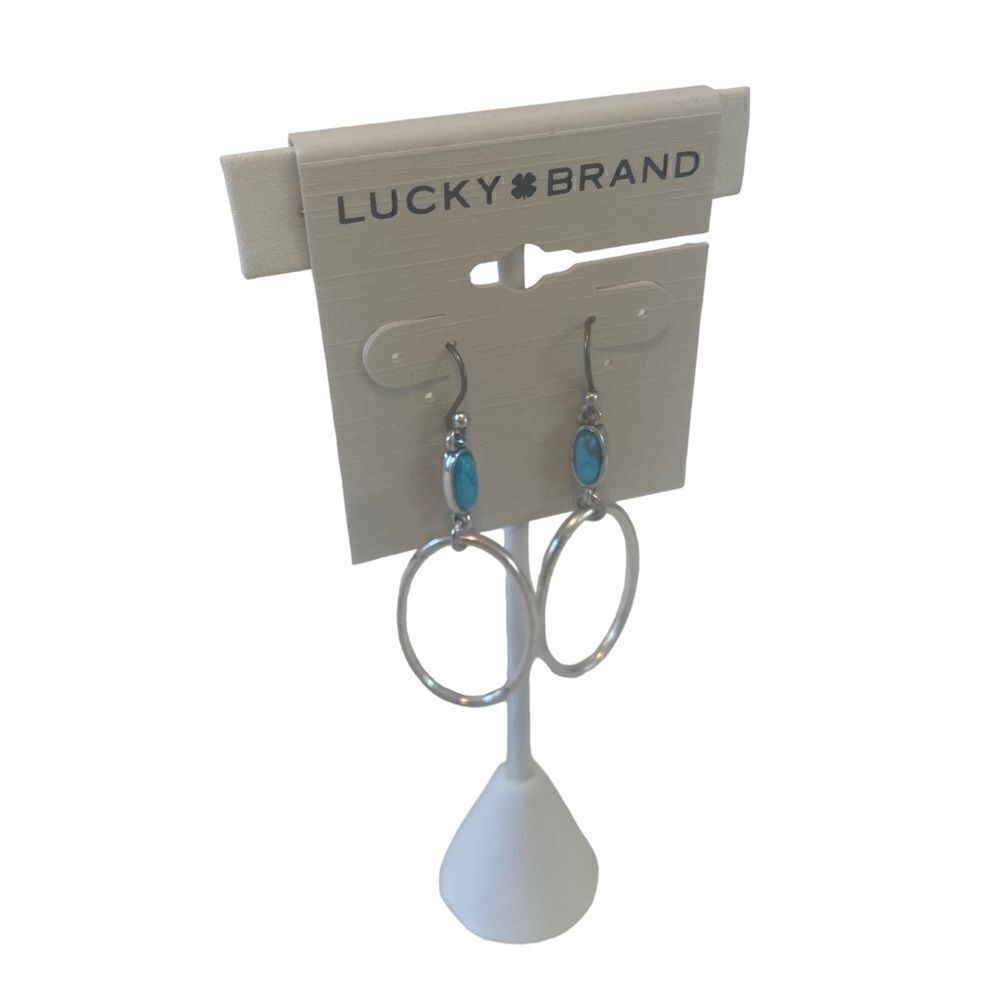 Turquoise Open Circle Silver Toned Drop Earring. - Picture 2 of 6